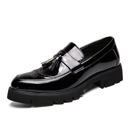 Mens Patent Leather Brogue Tassel Slip-On Dress Loafers Modern Wingtip Non-Slip Lug Sole Penny Shoes for Business Party Formal