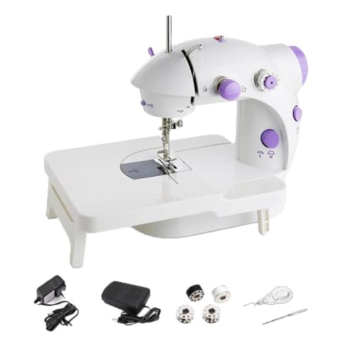 Mini máquina de coser eléctrica portátil para el hogar con mesa de extensión, morado y blanco