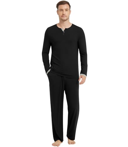 NACHILA Men's Pajamas-Viscose Made from Bamboo, Long Sleeve Pajama Shirt Soft Pants Sleepwear Comfy Pjs Set with Pockets