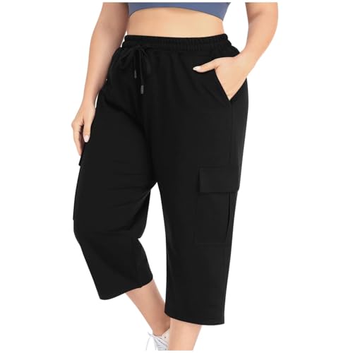 Capris Pants for Women Drawstring Elastic Waist Cargo Pant Summer Casual Workout Hiking Outdoor Slack with Pockets(#01 Black,3X-Large)