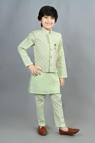 Image of AHHAAAA Kids Ethnic Cotton Blend Waistcoat Kurta and Pyjama Set for Boys