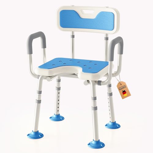 RMAN® Silla Ducha Personas Mayores, Regulable 6 Alturas Carga de 150 kg de Ducha Silla Ergonómica Antideslizante y Reposabrazos para Baño, Personas Mayores, Discapacitados, Azul