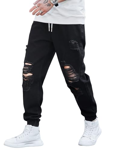 OYOANGLE Men's Drawstring Waist Ripped Denim Jeans Streetwear Distressed Jogger Cargo Pants with Pocket