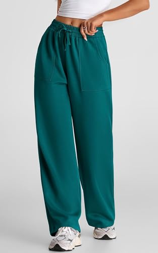 Image of Q - RIOUS Women's Wide Leg High Waisted Baggy Lounge Sweat Pants Drawstring Athletic Flared Joggers with Pockets