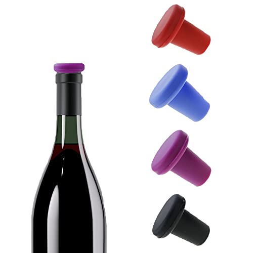 UtySty 4 Pack Wine Stoppers Sealer Leak Proof Reusable Silicone Corks Beverage Bottle Top Cap Seals Saver for Keeping Fresh Champagne Beer Bordeaux Liquor Bottles Whisky Olive Oil Vinegar Wine Fridge