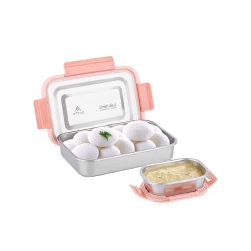 Image of ATTRO Smart Meal Medium Stainless Steel Lunch Box with 1 Small Container Airtight Spill-Proof BPA Free Food Grade Ideal for Office, School, Picnic- Peach-800ml+170ml