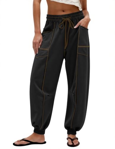 Women Barrel Sweatpants Baggy High Waisted Drawstring Color Block Joggers Pants Athletic Lounge Pant with Pockets