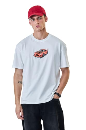 Image of SNITCH Men T-Shirt | Embroidered Car Graphic & Drop Shoulder Style | 100% Breathable Cotton Casual Streetwear T-Shirt & Fashionable Short Sleeve Tee