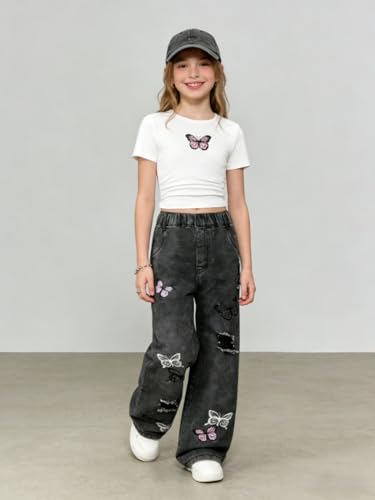 Image of Azmxynol Tween Girl Clothes Short Sleeve Top + Butterfly Design Jeans 2 Pieces Spring Summer Outfit Set, Size 6-16 Years