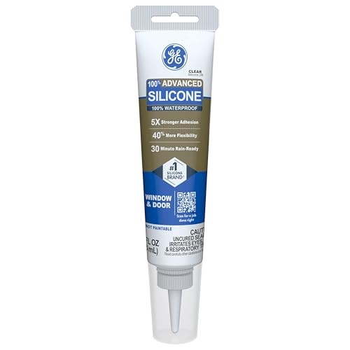 Image of GE Advanced Silicone Caulk for Window & Door, Clear, 2.8 fl oz Tube, 12 Pack - 100% Waterproof Silicone Sealant, 5X Stronger Adhesion, Freeze & Sun Proof