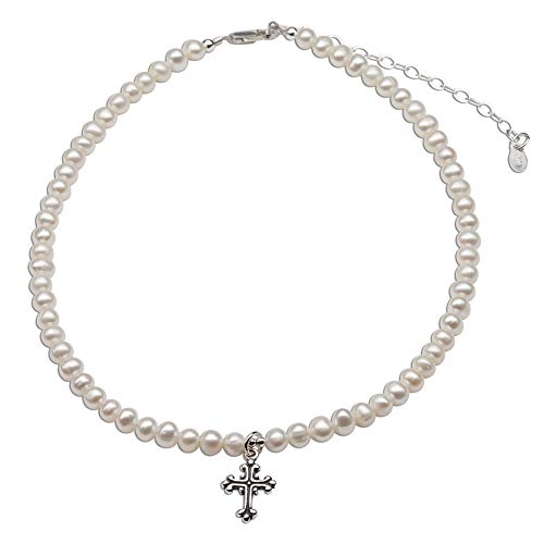 Precious Pieces Children's Sterling Silver Baptism, Christening or First Communion Cross Bracelet and/or Necklace with Cultured Pearl