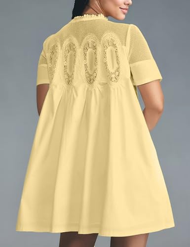 Image of Womens Summer Lace Mini Babydoll Dress Ruffled Collar Short Sleeve Loose Mesh Swing Elegant Flared Sundress