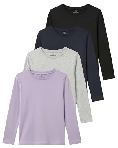 Image of Real Essentials 4 Pack: Girls' Cotton Long Sleeve Crew Neck T-Shirt - Athletic Tee Shirt for Teens Kids Youth (Ages 4-16)