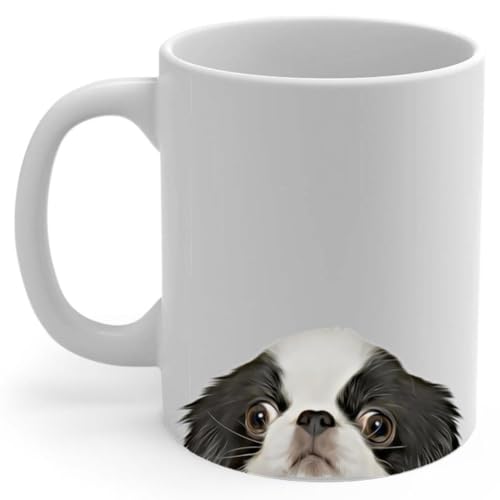 Lovesout Funny Curious Young Black White Japanese Chin Peeking Look Out Coffee Mug 11oz White Ceramic Cup Puppy Owners Gifts