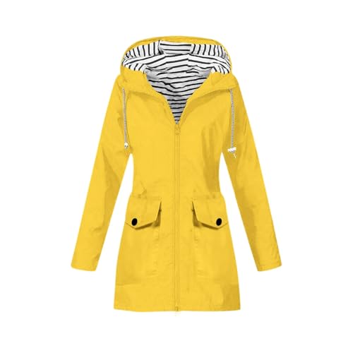 Regenjacke Damen Wasserdicht Einfarbig Mit Kapuze - Laufjacke Damen Mit Tasche Reisen Outdoor Wandern Regenjacken Camping Sport Raincoat Women Reißverschluss Gelb S