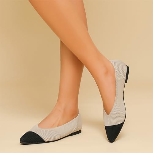 Image of TINGRISE Women's Flats Shoes Pointed Toe Knit Ballet Comfortable Dressy Slip On Flat