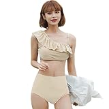 [Teddy] 水着 レディース ビキニ ワンショルダー フリル 2点セット ハイウエスト バックシャン 2way hys2347 (R：ベージュ, L(9号))