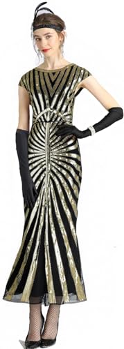 Image of Women Evening Maxi Long Dress 1920s Sequin Mermaid Hem Wedding Prom Gown Costume w / 20s Gatsby Accessories Set