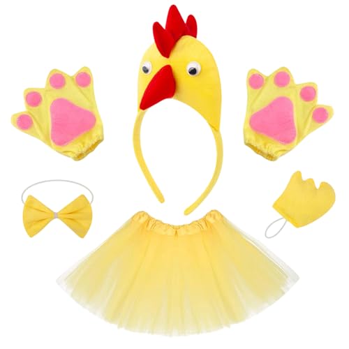 WSOAFVK 5 Piezas Disfraz de Pollo para Niños, Conjunto de Gallina con Tutú Diadema y Guantes, Accesorios Animales Granja para Halloween, Carnaval y Fiesta de Cumpleaños, Vestido Amarillo