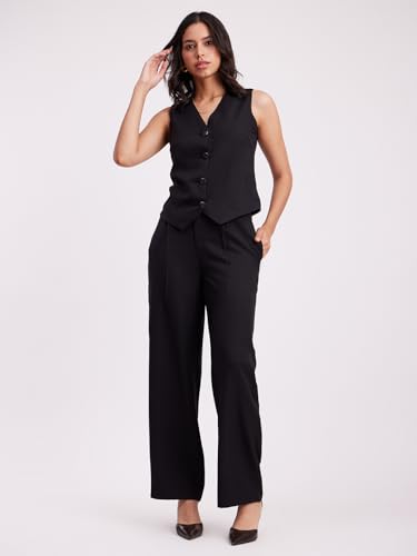 Image of FableStreet Women's Formal Trousers | High-Rise Pleated Wide-Leg Design | Solid Pattern with Plain Weave | Comfortable Office Wear for Business Meetings & Formal Events