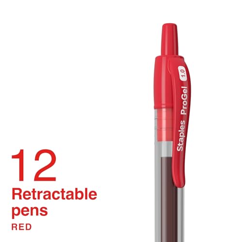 Image of STAPLES Retractable Gel Pens, Bold Point 1.0mm, Red Ink, 12 Pack - ProGel Smooth‑Flow Pens for Editing, Forms & Signatures