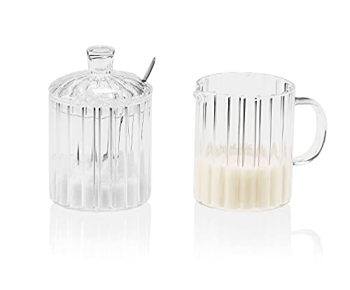 Set zuccheriera Ø7x11,5cm e lattiera Ø7x10,5cm con capacità 200ml in vetro (include cucchiaio in acciaio inox)