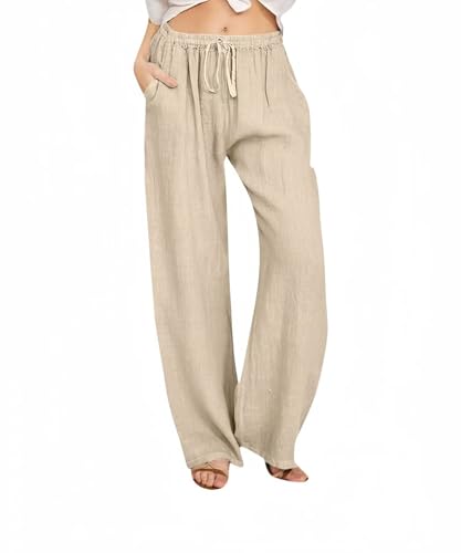 Women Linen Pants Wide Leg Casual Palazzo Pants Cotton Linen Lounge Beach Summer Pants with Pockets
