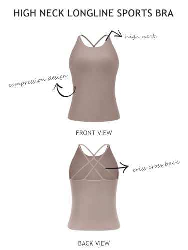 Image of LASLULU Womens High Neck Workout Tank Tops with Built in Bra Strappy Back | Low to Medium Impact,Longline Halter Neck Sports Bra,Fitted Compression,Padded Athletic Yoga Running Gym Pilates Tank Tops