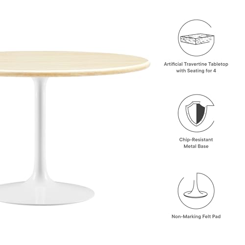 Image of Modway Lippa 48 inch Round Artificial Dining Table with Tapered, Metal Base, White Travertine