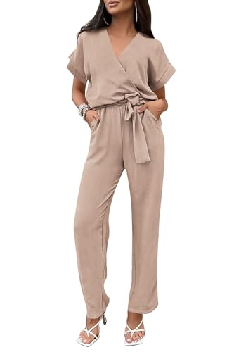 PRETTYGARDEN Women's Summer One Piece Jumpsuits Belted Short Sleeve Wrap V Neck Fashion Dressy Casual Wide Leg Pants Romper