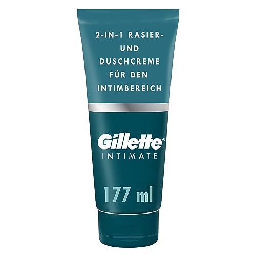 Gillette Intimate Intimpflege Rasierset für Männer (177 ml), 2-in-1 Rasier- und Duschcreme, formuliert für die Behaarung im Intimbereich, mit Aloe, frei von Parabenen, Geschenk für Männer