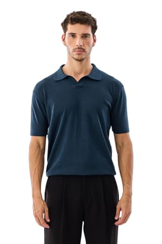 Image of SNITCH Men Knitted Polo T-Shirt | Geometric Pointelle Textured Knit & V-Placket Polo Collar | 100% Cotton Breathable Summer Knit, Casual Resort Wear