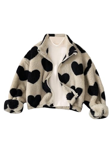 Girl's Y2k Sherpa Jackets Heart Graphic Fleece Jackets Zip Up Long Sleeve Fuzzy Teddy Coat Outerwear