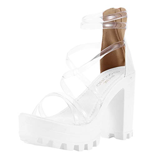 TRENDINAO Clear Strap Heels for Women Ankle Strap Platform High Chunky Heels Party Sandal White