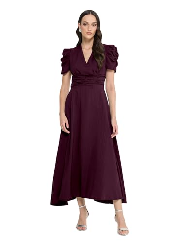 Image of Sugathari Women Women's V-Neck Maxi Dress, A-Line Style, Puff Sleeves, Cinched Waist 246