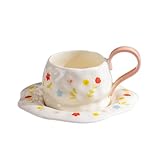 OHAANYY Taza de café de cerámica pintada a mano con platillo, 250 ml Taza de té de flores de forma irregular, estilo coreano capuchino Latte Tazas, 1 taza y 1 platillo (PINK)