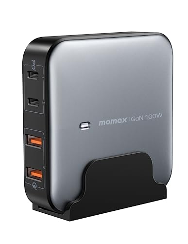 MOMAX Caricatore Rapido USB C 100W GaN con cavo 2M, Caricatore USB C iphone con 2 USB-C e 2 USB-A per MacBook Pro MacBook Air M1 M2 iPhone 15/14/13 iPad Pro Laptop Samsung