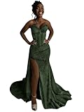 Corset Prom Dresses for Teens Strapless Glitter Cocktail Dresses with Slit Long Mermaid Ball Gown Emerald Green with Train 20w