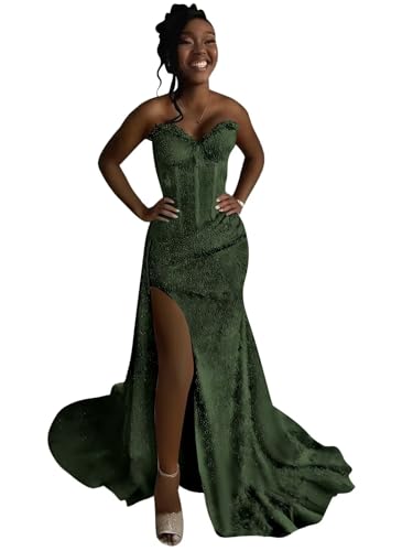 Corset Prom Dresses for Teens Strapless Glitter Cocktail Dresses with Slit Long Mermaid Ball Gown Emerald Green with Train 20w