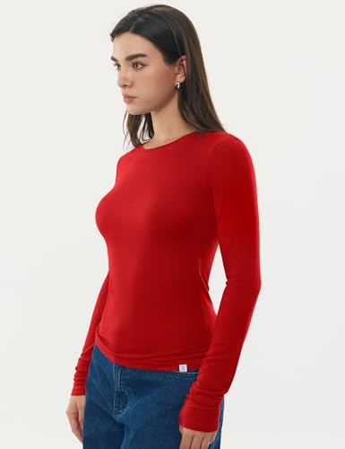 Image of Women's Merino Wool Blend Shirts Long Sleeve Tops Crew Neck Fitted Basic Tee Cozy Embrace Collection