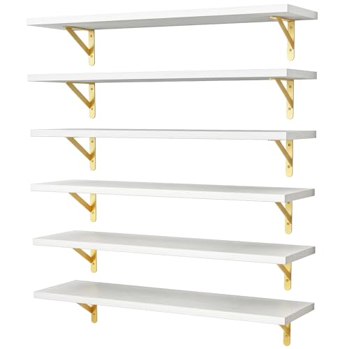Image of YGEOMER White Floating Shelves for Wall, Farmhouse 23.6 Inch Wall Shelves for Bedroom, Bathroom Storage, Living Room and Kitchen Decor (Set of 6 White)