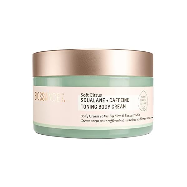 Squalane-Caffeine-Firming-Body-Cream Biossance Squalane + Caffeine Toning Body Cream. Nourishing Body Cream with Caffeine and Niacinamide to Visibly Firm and Tone. Restore Elasticity in a Soft Citrus Scent (6.7 ounces)