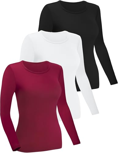 FEQO Lot de 3 Chemises à Manches Longues pour Femme T-Shirt à Manches Longues Col Rond Basique Slim Fit Tops(Noir, Blanc, Rouge Foncé) M