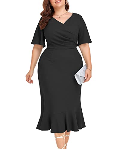 LALAGEN Plus Size Dress for Women Modest Short Sleeve Ruched Bodycon Mermaid Cocktail Midi Dresses 1X-6X