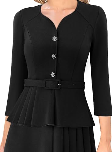 VFSHOW Womens 2024 Office Business Work Sweetheart Neckline Buttons Belted Peplum Pleated A-line Fit and Flare Dress3