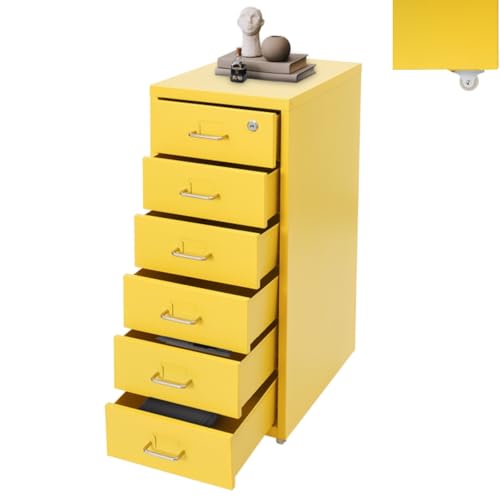 Image of 6-Drawer Mobile File Cabinet, Metal File Cabinet with Lock & Wheels, Rolling Vertical Filing Drawers Under Desk for Home Office A4 /Letter Size File (Yellow)