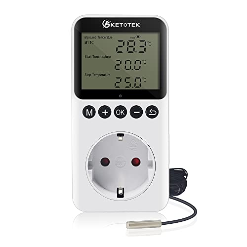 KETOTEK Digital Termostato Enchufe Dia Noche Controlador de Temperatura con Sonda, Enchufe Termostato Temporizador para Reptil Terrario Invernadero Refrigerador 220V, Blanco