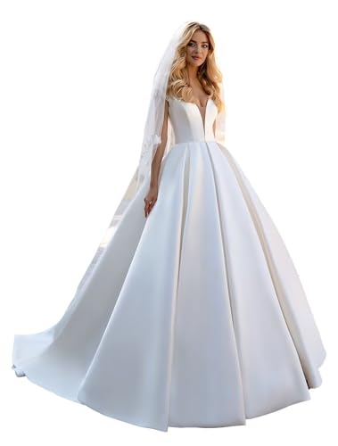 Satin Ball Gown Wedding Dresses for Bride 2026 V Neck Lace Applique A Line Bridal Dress with Train Ivory Corset Wedding Gowns Us2