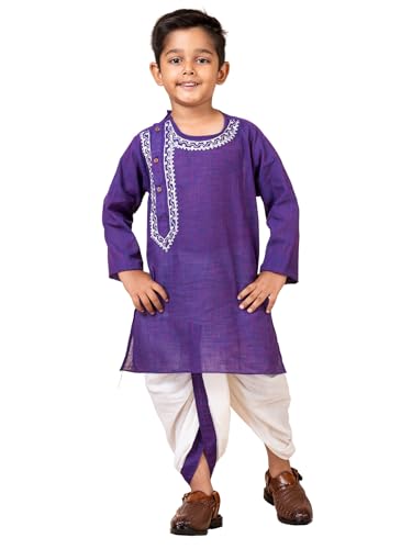 Image of Kids Ethnic Wear - Embroidered Handloom Cotton Kurta & Elastic Waist Dhoti Set for Boys | Traditional Dress for Baby & Toddler