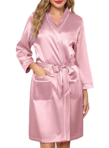 Sopesil Albornoces de Satín para Mujer Kimono Albornoz de Novia Satén Corto Albornoces Ligeros Sedosos Matutinas Suave Albornoz Fiesta para Dormir, Rosa, XL